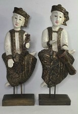 Vintage Thai Burmese Carved Wood Musician Statues Pair 27” Crackle Mirror Inlay  picture