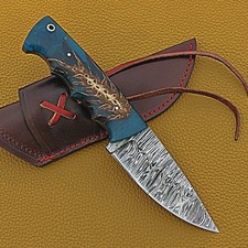 Hand Forged Damascus Steel Fixed Blade Knife Custom Resin Handle Leather Sheath picture