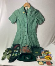 Vintage 1970’s Girl Scout Uniform Lot Dress, Sash, Canteen, Merit Badges & More picture