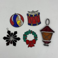 5 Vtg Stained Glass Christmas Ornaments Lantern Wreath Star Drum Madonna & Child picture