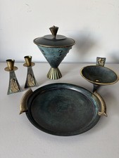Vtg Israel Verdigris 4pc Set Candlesticks Lidded Dish Tray MCM Taya Zel-Zion picture