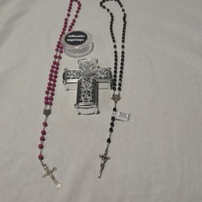Vintage Catholic Rosary Lot (3pc) – Italy Quadruple Link, Jerusalem Pink, Box picture