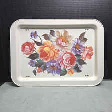 Vintage MCM Cream Metal Lap Tray Folding Legs TV tray Floral Rose Platter picture