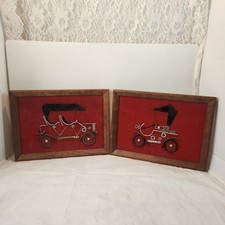 VTG Folk Art Classic Car Picture Set 1970's,steam Punk, Art Kitsch, Wall Hanging picture