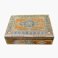 Vtg Middle Eastern Carved Walnut Inlay Wood Mother of Pearl Mosaic Box Hand Made picture