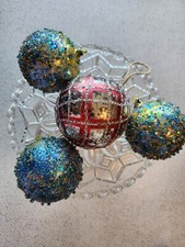 Vintage Christmas Tree Ornaments Sparkling Lot Of 4 Silver Blues Red Gold Tones picture