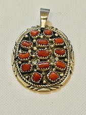 Vintage Native American NAVAJO Sterling Silver Red Coral Cluster Large Pendant picture