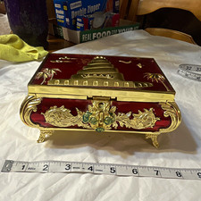 Vintage Red & Gold Metal Floral Trinket Box Iraq Tower of Babel picture
