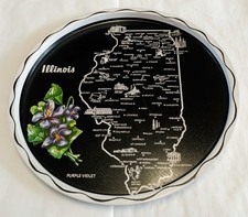 Vintage Illinois Souvenir Tin Tray Metal Map Platter Purple Retro Americana picture