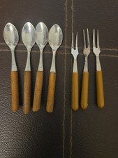 VTG MCM Wood Handle Flatware Set 7pc Taiwan Stainless Steel Cocktail Spoon Fork picture