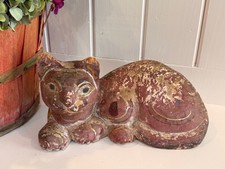 Vintage Carved Hand Painted Wood Reclining Cat 13” Folk Art, Rustic & Chippy picture