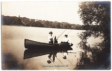 real photo Yorkville IL - Boating Man Woman Fishing Large Fish antique pc RPPC picture