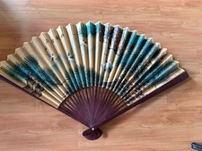 Vintage Large Oriental Asian Folding Wall Fan Decor Bird Crane  49 x 39inc -READ picture