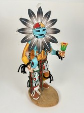 Vintage Hopi Sun Face Kachina Doll Signed R. Jean Vibrant Fur Feather Shells 12” picture