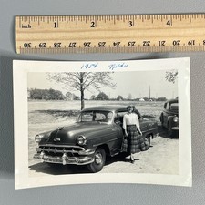 Vtg 1954 Photo Chevrolet Bel Air Sport Coupe Hardtop Car Woman Plaid Skirt Nelda picture