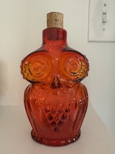 Vintage MCM VIKING ART GLASS AMBERINA PERSIMMON OWL DECANTER BOTTLE 1960s picture