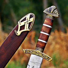 Damascus Steel Double-Edge Sword w/ Brown Scabbard, Rosewood Handle, 27 in picture