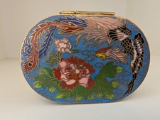 Vintage Chinese Cloisonne Enamel Phoenix Bird Peony Oval Hinged Trinket Box picture