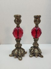 Vintage Red Faux Gems and Metal Tall Pair of Candle Holders Hollywood Regency  picture