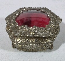 VTG Ornate Gold Silver Tone Jewelry Trinket Box Beveled Glass Red Velvet Roses picture