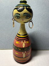 Vintage Hand Painted Wooden Folk Art Lady Doll Figurine Hoop Earrings 9” picture