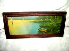 Victorian Miniature Chromolithograph Print Alligatored Frame Boats Lake 1905 picture
