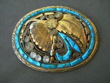 Native American Turquoise Inlay Sterlin Silver Gold Fil LG Belt Buckle SIGNED FT picture