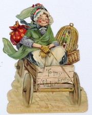 Antique Raphael Tuck Valentine c1910 Old Lady Automobile Birdcage Die Cut Card picture