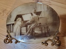 Vintage Oval Metal Frame Convex Glass Portrait Woman Child Piano Parlor Art picture
