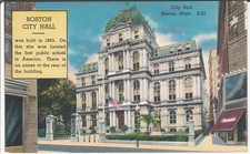 Boston MA postcard - City Hall built 1865 - 1940s linen picture