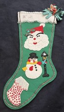 Vtg. Felt Sequin Christmas Bucilla Stocking Santa Handmade 19” & Hard Face Santa picture