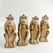 Vintage Hand Carved Wood 4 Wise Monkeys See Hear Speak Do No Evil 6