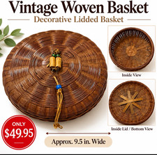 Vintage Round Woven Lidded Basket 9.5” Decorative Storage Asian Style picture