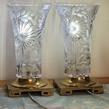 Pair Vintage Dresden Signed Cut Crystal Lamps Heavy Cast Brass Base Mid Century picture
