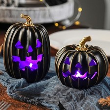 Light Up Black Jack O'Lantern Pumpkins - Indoor Halloween Decor, Spooky Party De picture