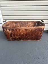 Antique Oversized Primitive Wood Slat Basket with Wooden Handles 30” X 20” X 12 picture