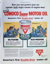 Original 1954 Conoco Ad: Super Motor Oil Tin Can Double Duty V8 Engine Graphic picture