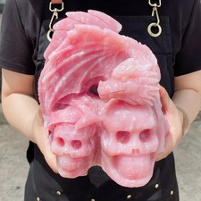 9LB Natural Pink Opal Crystal Dragon & Double Skulls Carving Sculpture Healing picture