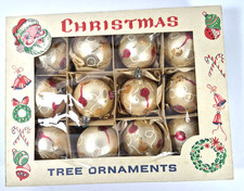 Vintage Box of 12 Lot of Poland Mercury Christmas Ornaments Glass Balls Gold picture