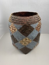 Native American Double Weave Rivercane Basket Cherokee Choctaw Painted Blue picture