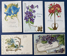 5 Birthday Antique Postcards.EMB, STRONG GOLD Trim. Flowers, Baskets, Vase picture
