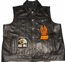 Harley-Davidson Black Leather Vest w/ Back Logo, Front HD-MC Patch, Orange Logo picture