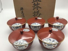Noritake Teacup Set 5 Lidded Yunomi Juko Red Lacquer Floral Wooden Box Japanese picture
