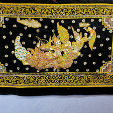 Vtg Burmese Myanmar Thai Kalaga Devas Gold Embroidered Tapestry Sequins 33x20 picture