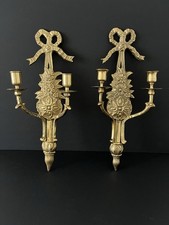 VTG Brass Double Arm French Style Candle Wall Sconce Pair Ornate Bow & Floral picture