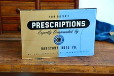Antique Glass Pharmacy Sign Downtown Drug Co. Prescriptions Medical Doctor VTG picture