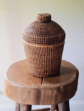 Vintage Handwoven Rattan Lidded Storage Basket Southeast Asian Wicker Canister picture