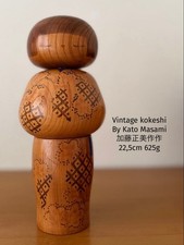 Kato Masami Vintage Kokeshi Doll 22.5cm, Wooden, Geometric Kimono Pattern picture