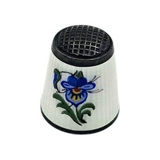 Vintage Aksel Holmsen Norwegian 925 Silver Guilloché Enamel Floral Pansy Thimble picture