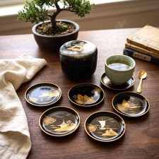 Vintage Igarashi Aizu Japan Black Lacquer Coaster Set 6 Box Gold Pagoda Scene picture